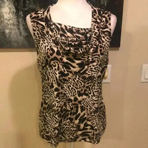 Calvin Klein Cheetah Print Layered Cowl Neck Tank Top-Size M